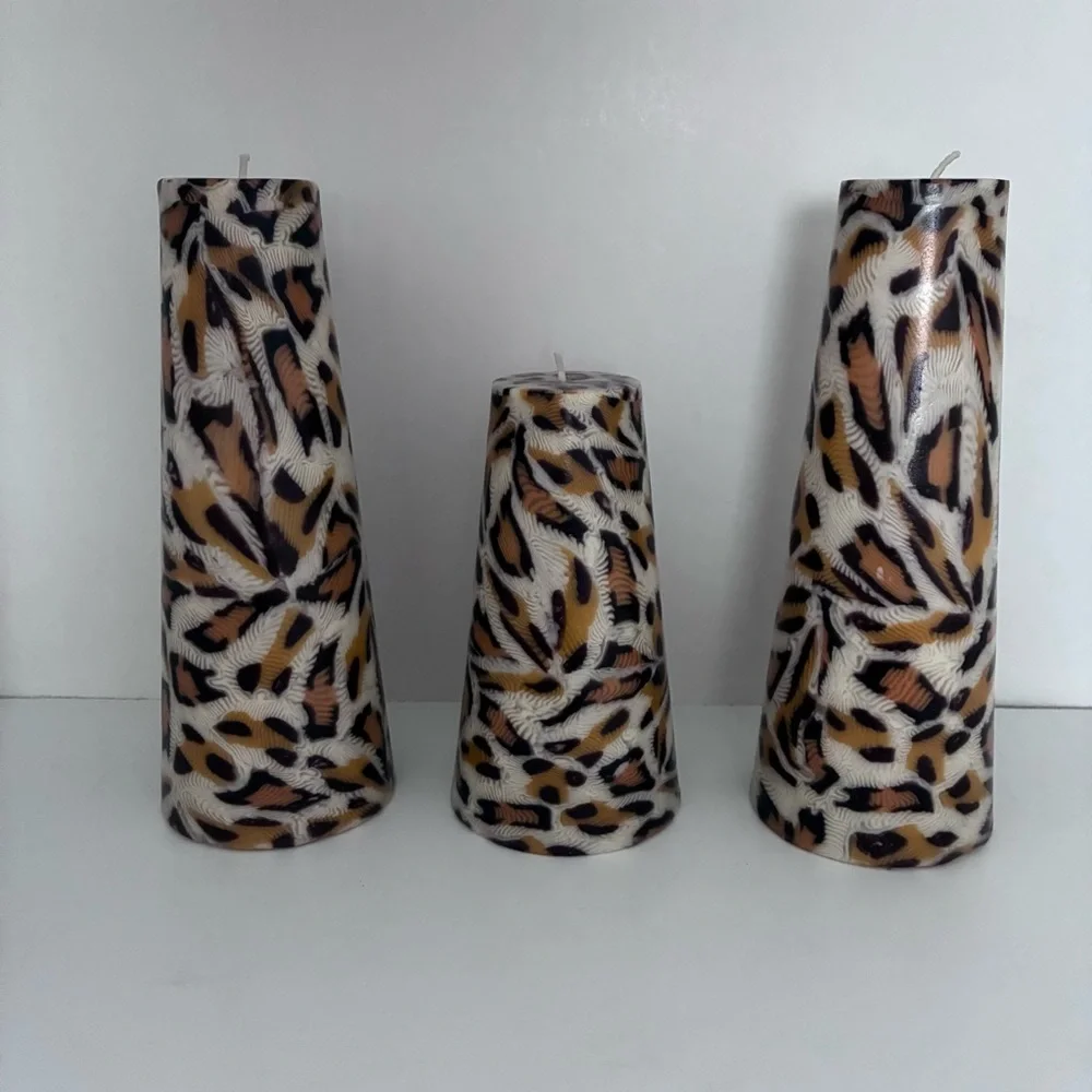 3 UNSCENTED Animal Print Candles Leopard Print: cone shape